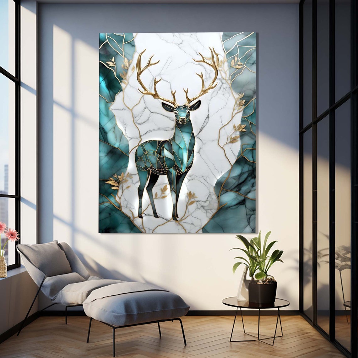 Golden Antler Stag Teal Marble Mosaic Art Elegant Wall Poster