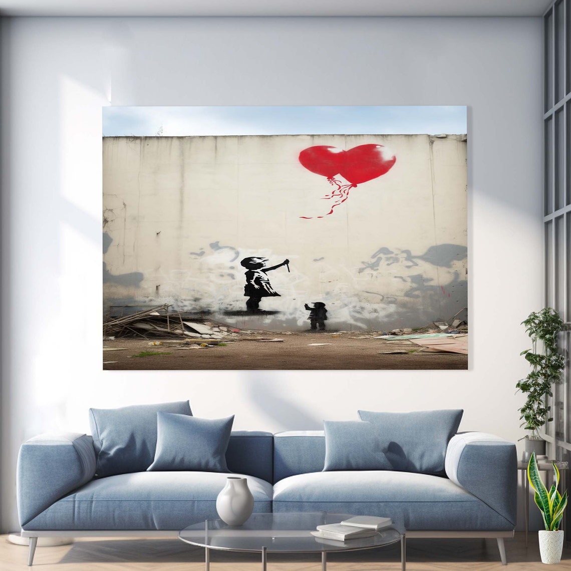 Girl with Red Heart Balloon Street Art Stencil Graffiti Wall Art - Image 2