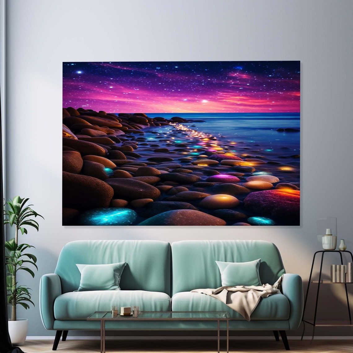 Glowing Pebble Beach Starry Night Galaxy Sky Fantasy Wall Art - Image 2
