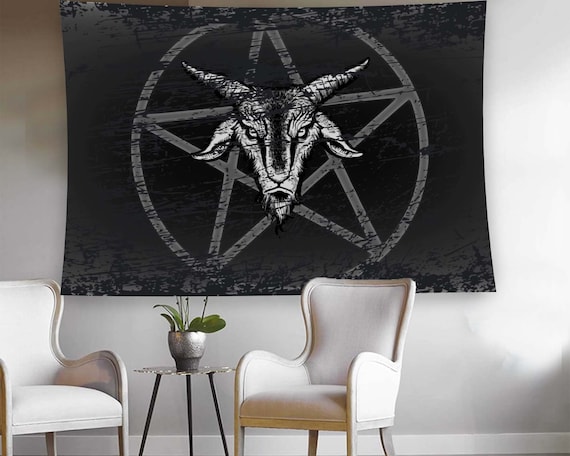 Distressed Black Pentagram Goat Head Satanic Symbol Tapestry Wall Art