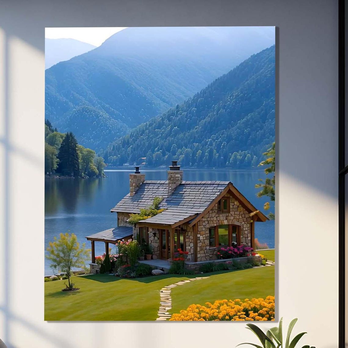 Stone Lake House By Mountain Lake With Misty Blue Peaks Cozy Wall Art
