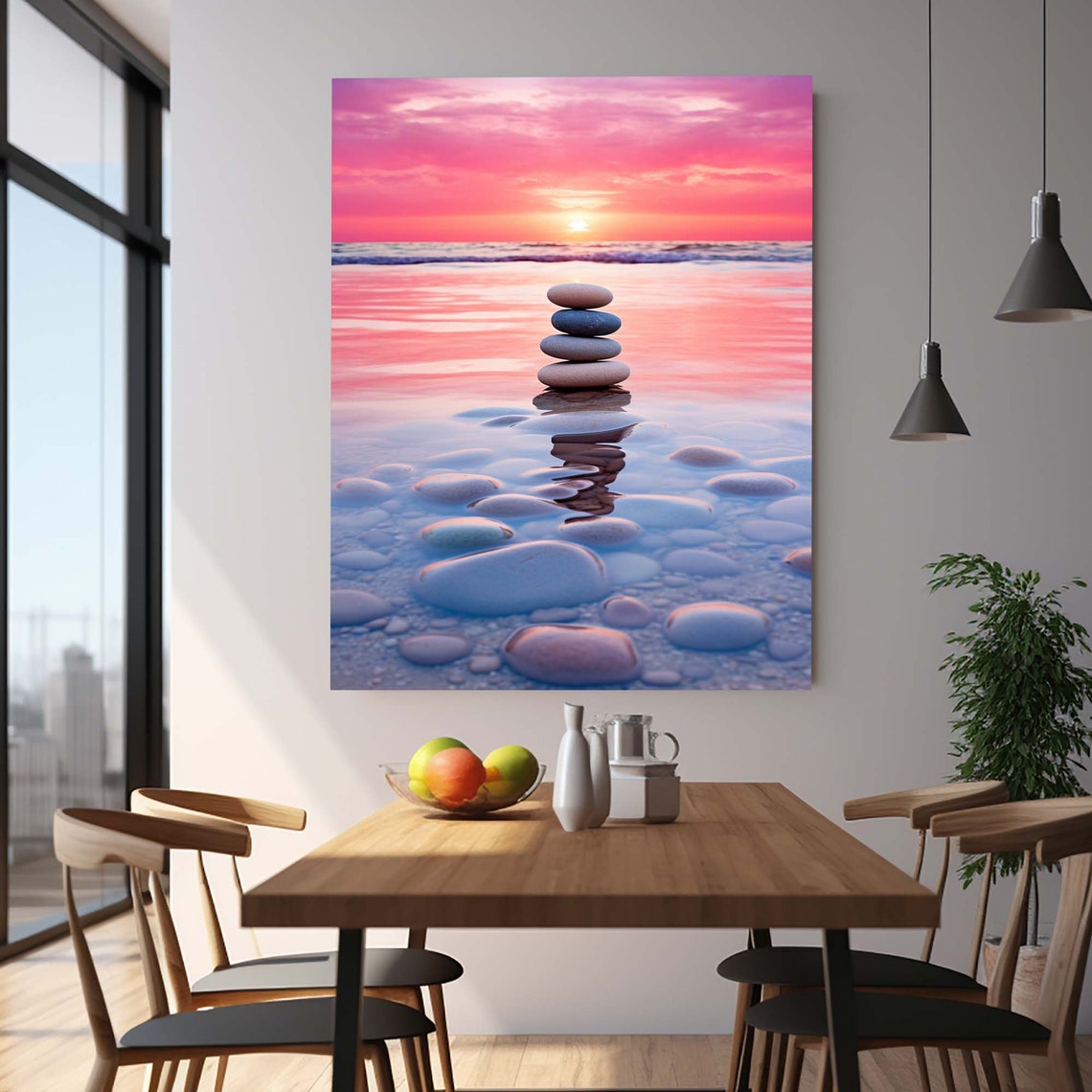 Zen Balanced Stones Beach Sunset Pink Sky Ocean Calm Travel Poster - Image 2