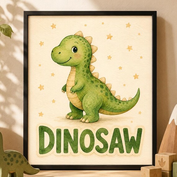 Dinosaw Cute Baby Dinosaur Golden Stars Kids Room Nursery Poster