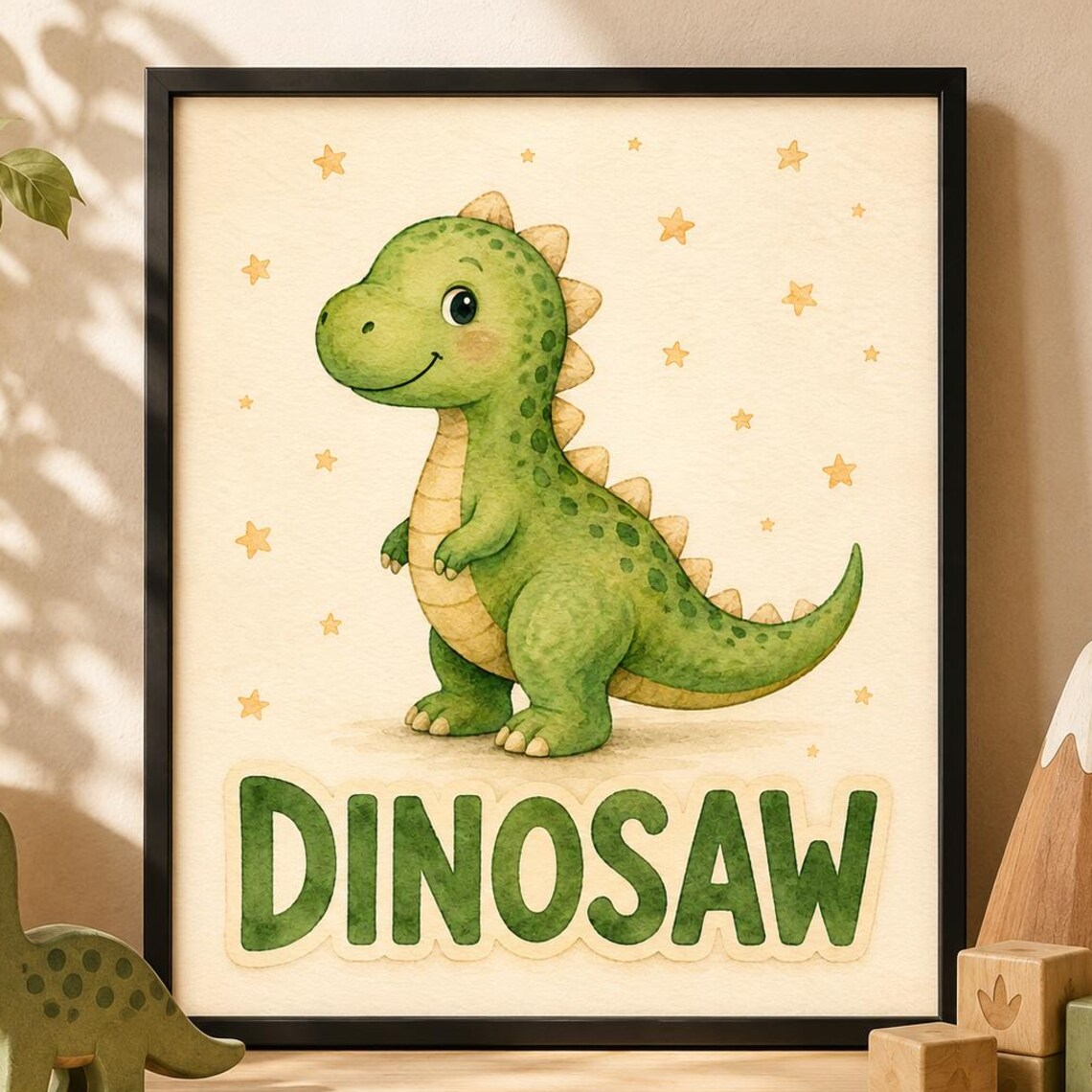 Dinosaw Cute Baby Dinosaur Golden Stars Kids Room Nursery Poster