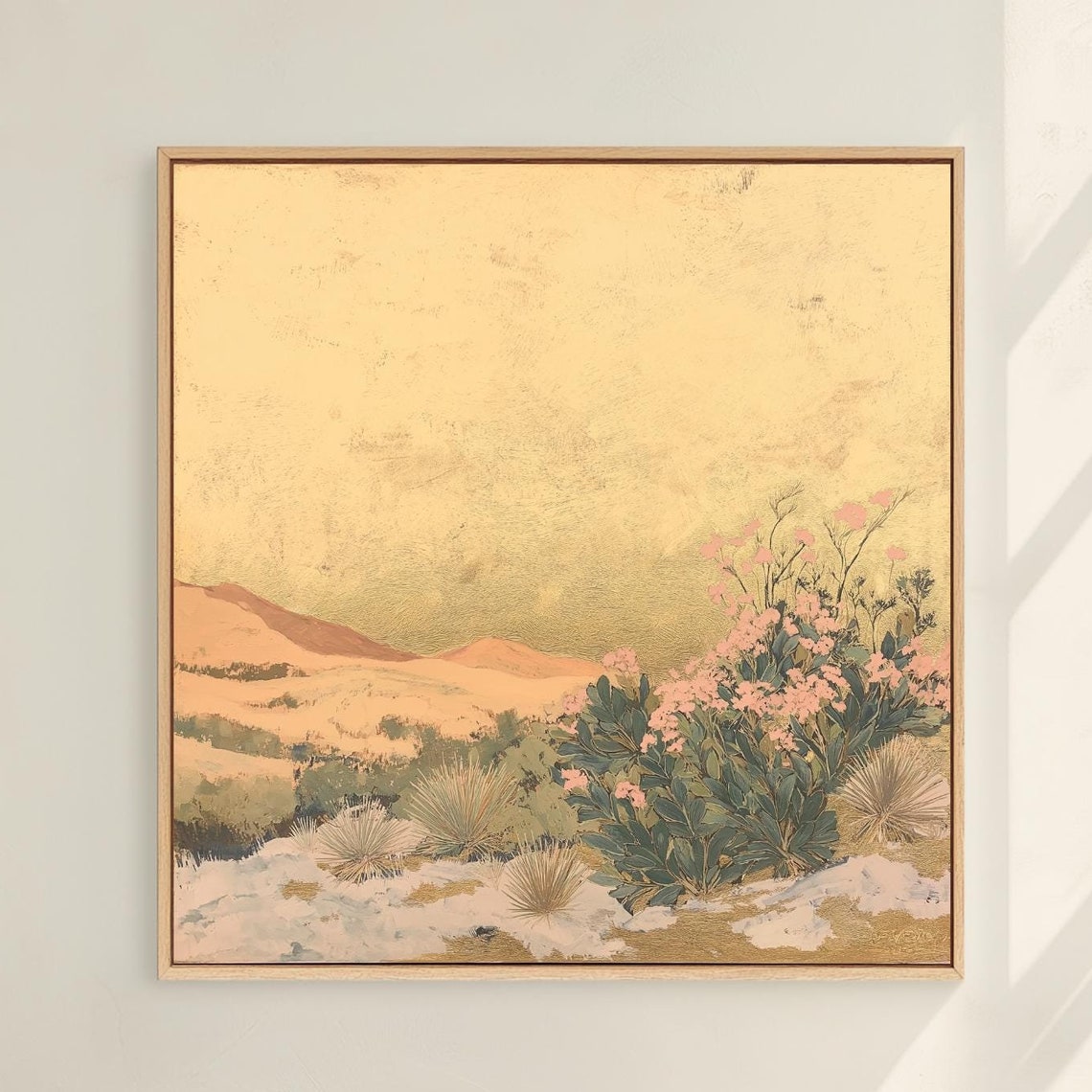 Golden Desert Landscape Pink Flowering Bushes Mountains Poster