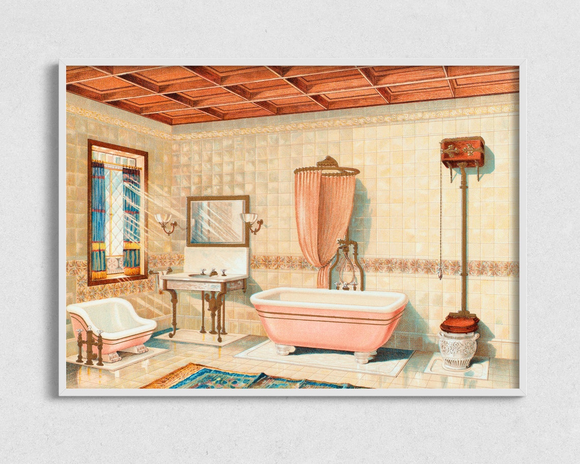 Vintage Pink Bathroom Tiled Interior Retro Illustration Art Print - Image 2