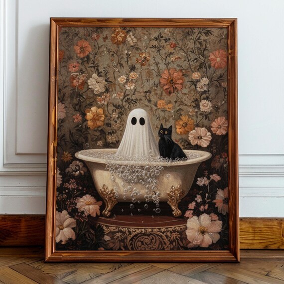 Cute Ghost And Black Cat Bubble Bath Floral Halloween Poster