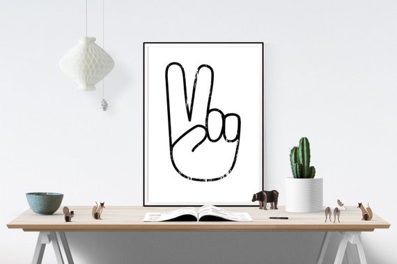 Peace Sign Hands Victory Black and White Art Print