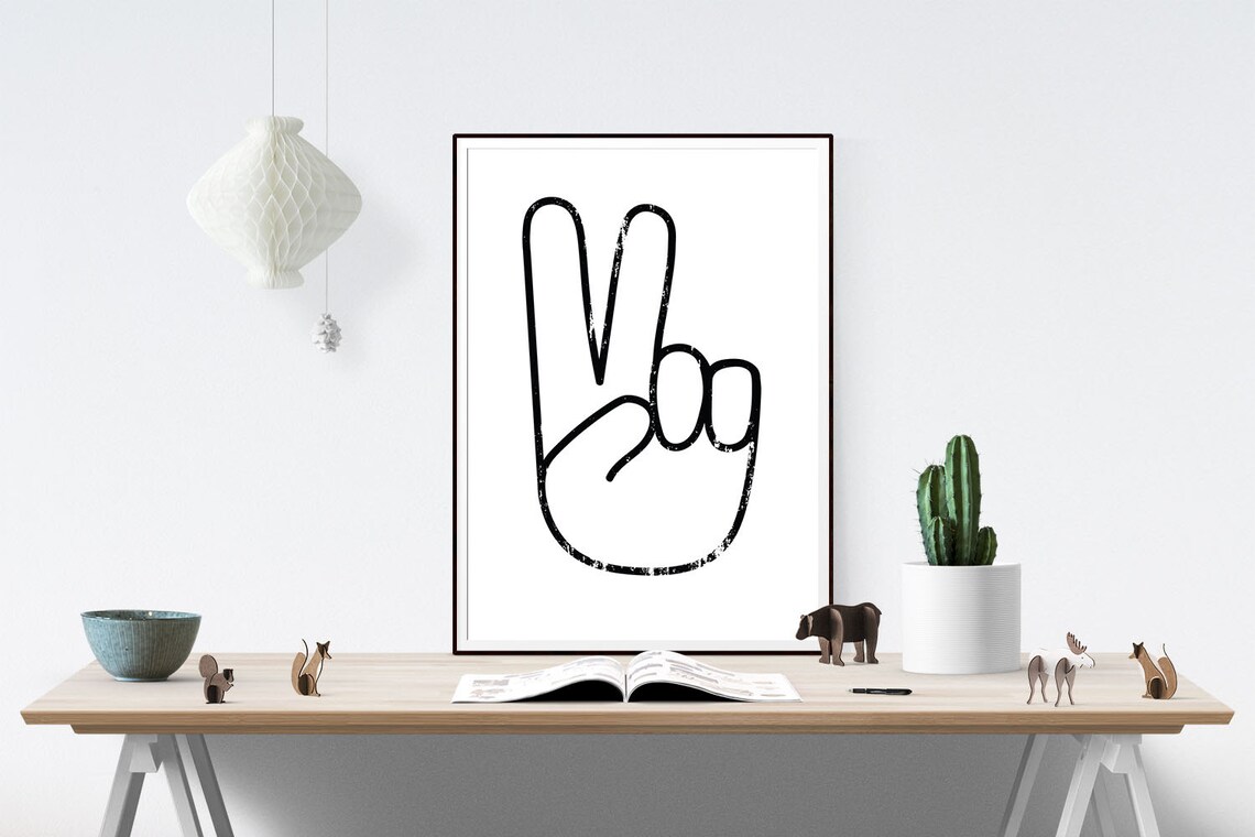 Peace Sign Hands Victory Black and White Art Print