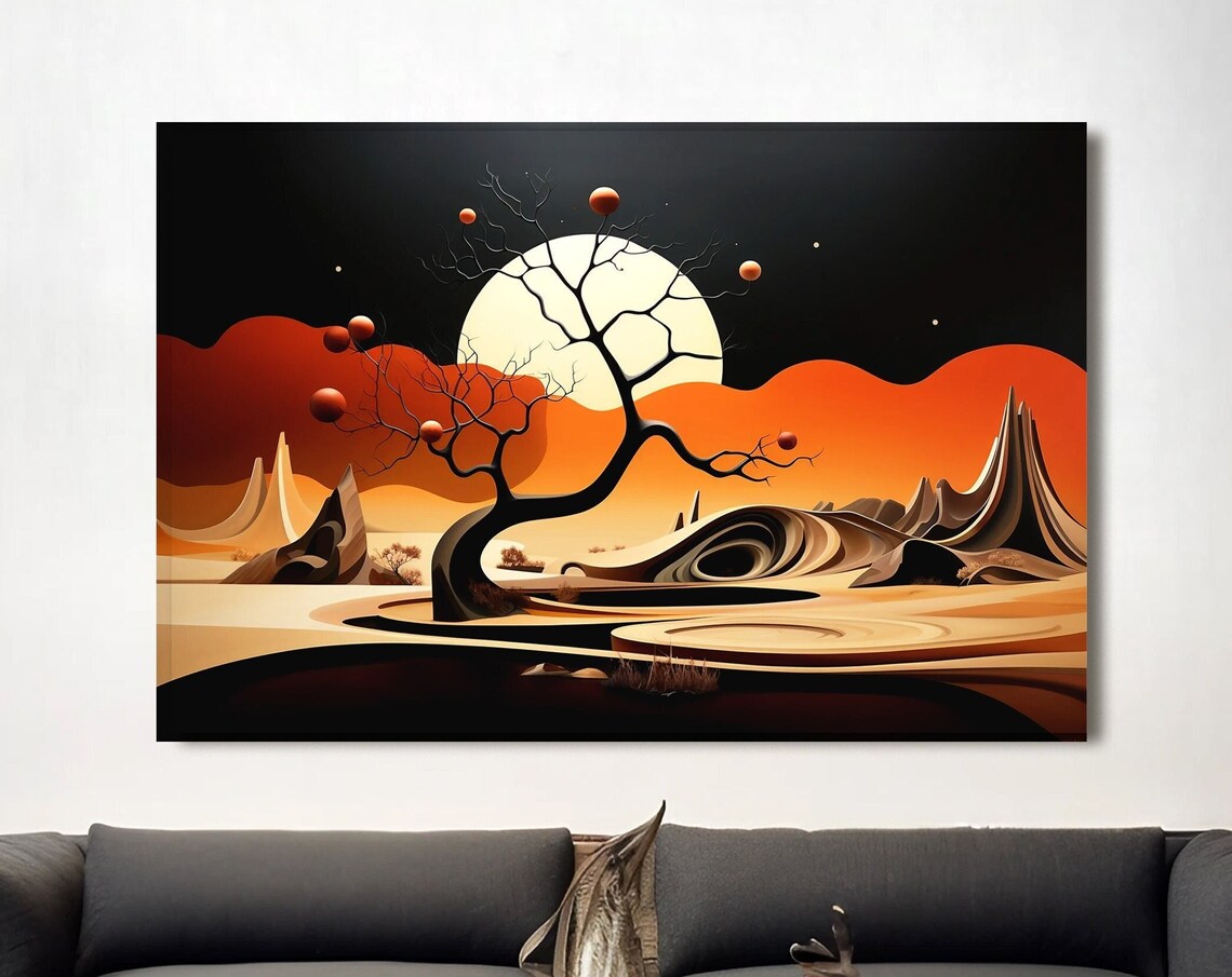 Abstract Wall Art Nature Inspired Print Surreal Landscape Poster Home Decor Modern Art Masculine Black Orange Red Fine Art Print