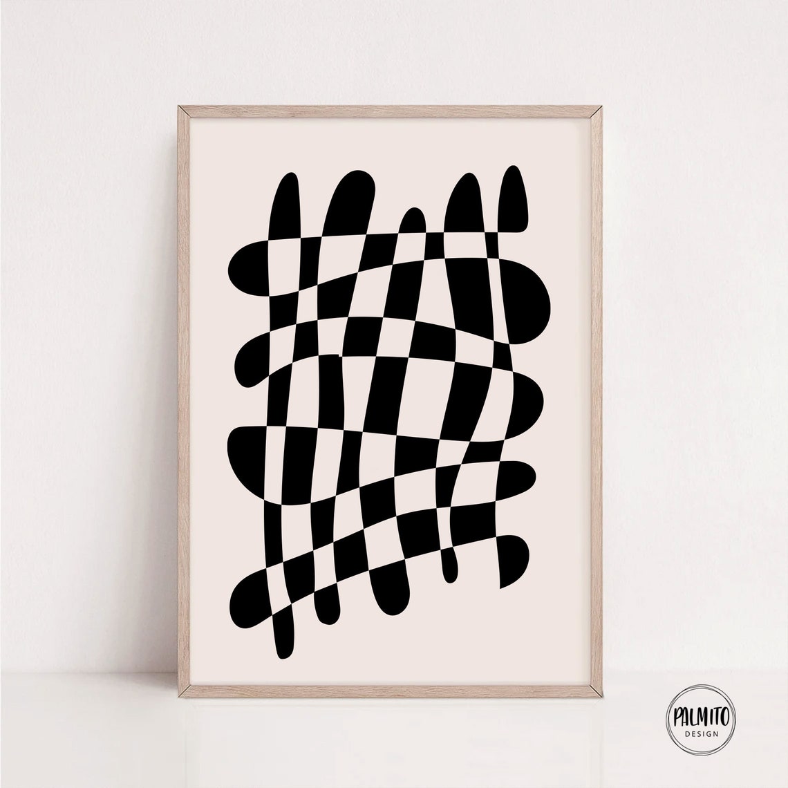 Black and White Wavy Checkered Optical Abstract Minimal Art Poster