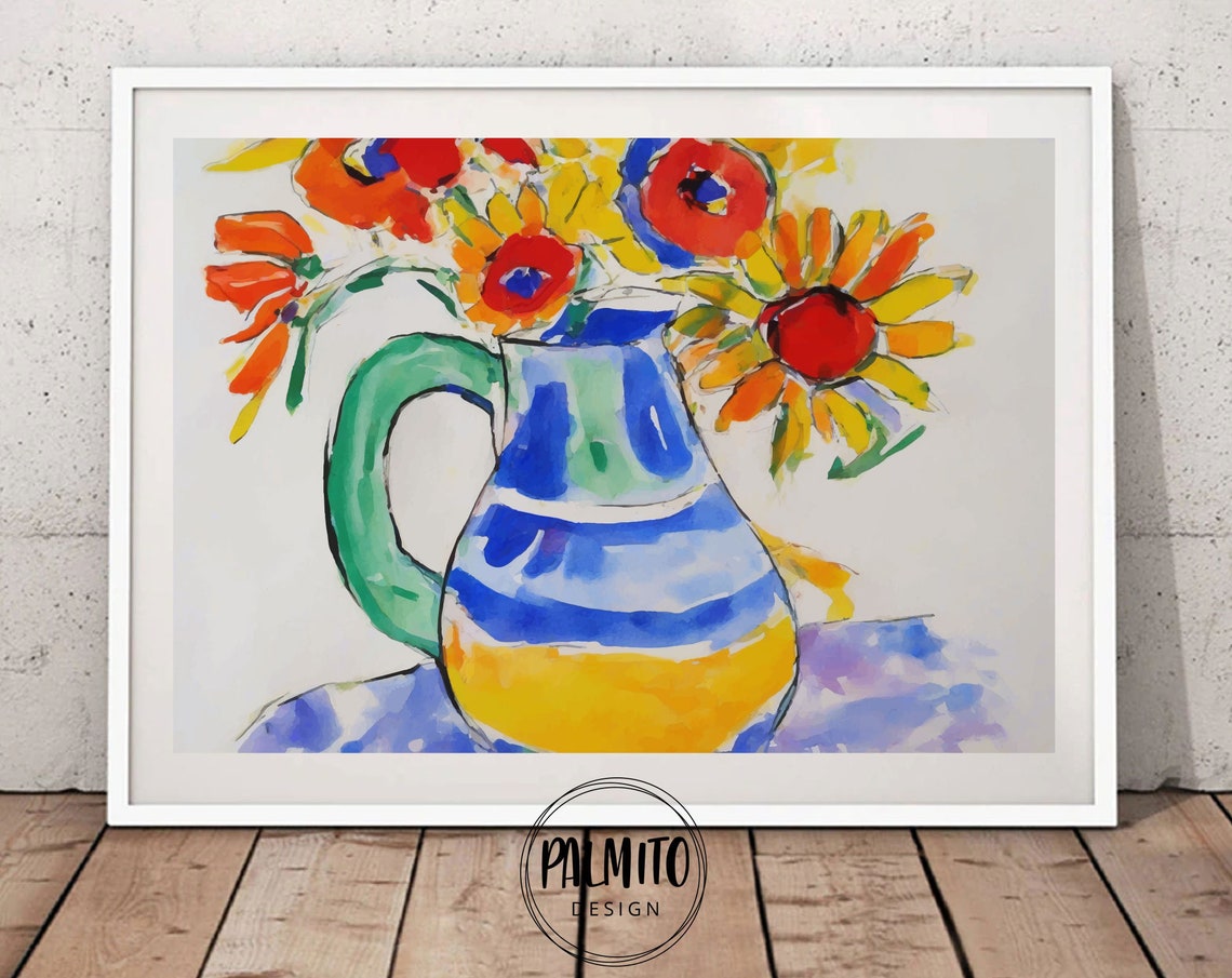 Watercolor Daisies in Blue Striped Pitcher Floral Art Poster