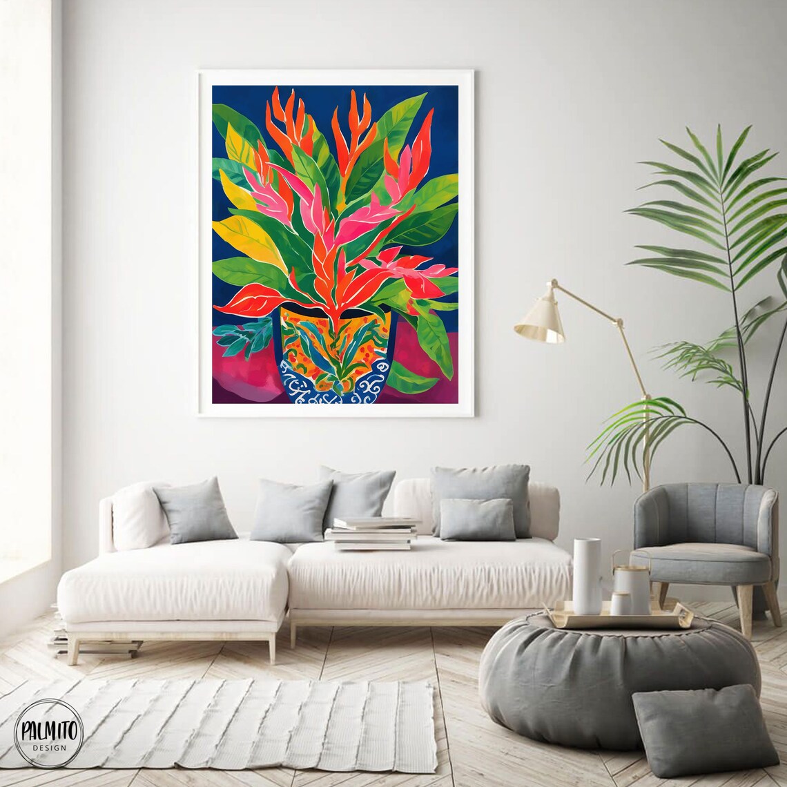 Tropical Heliconia Blooms Bouquet Patterned Vase Navy Art Poster - Image 4