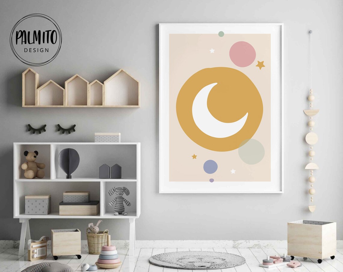Pastel Moon And Stars Nursery Danish Pastel Minimalist Baby Art Poster - Image 3