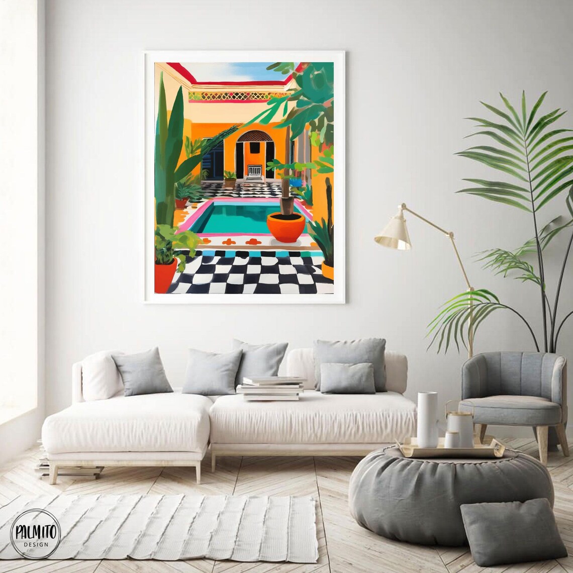 Mediterranean Riad Courtyard Pool Checkered Tile Oasis Art Poster - Image 4