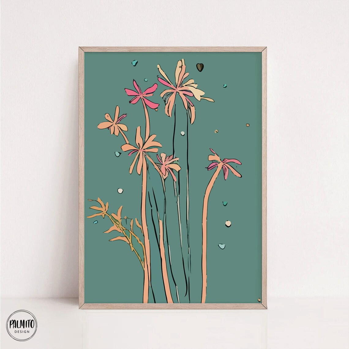 Teal Floral Tall Coral Pink Flowers Vintage Botanical Wall Art