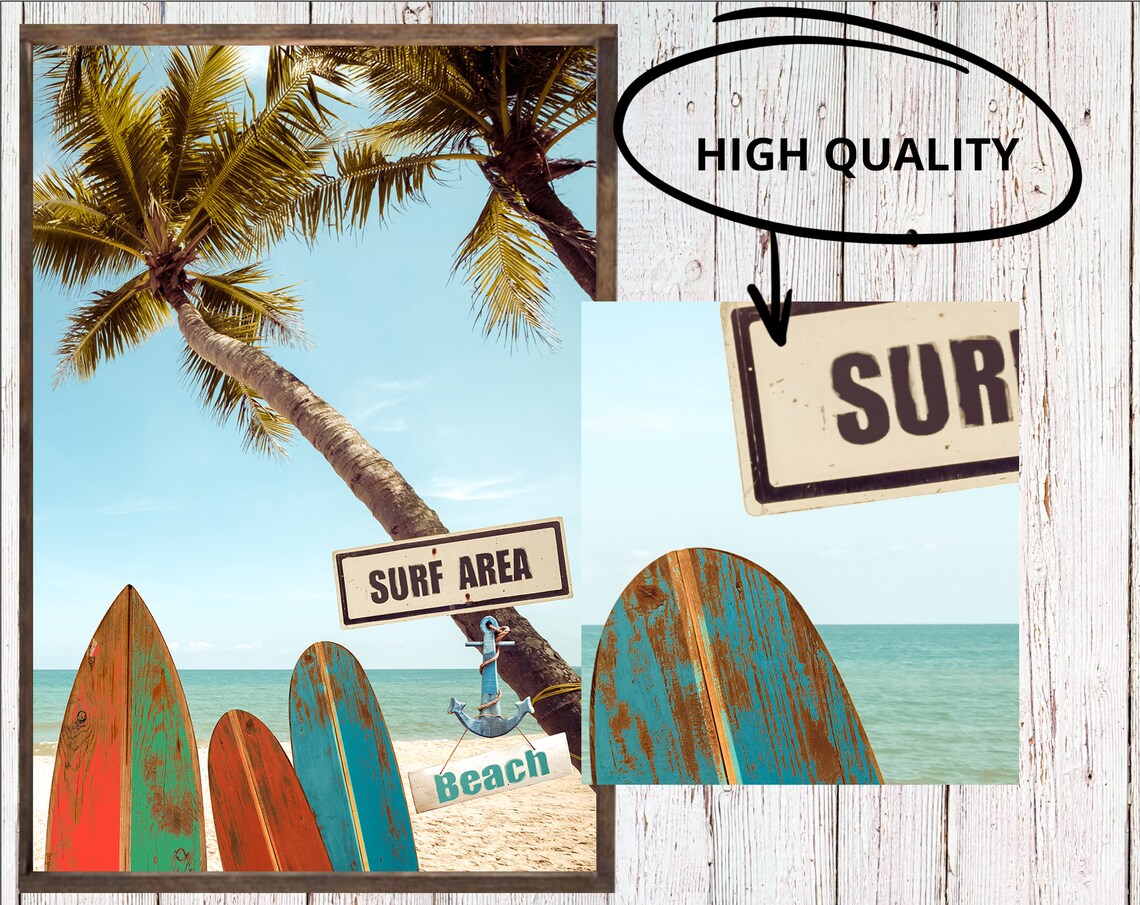 Surf Beach Print, Palm Tree Surfboard Art - Image 2