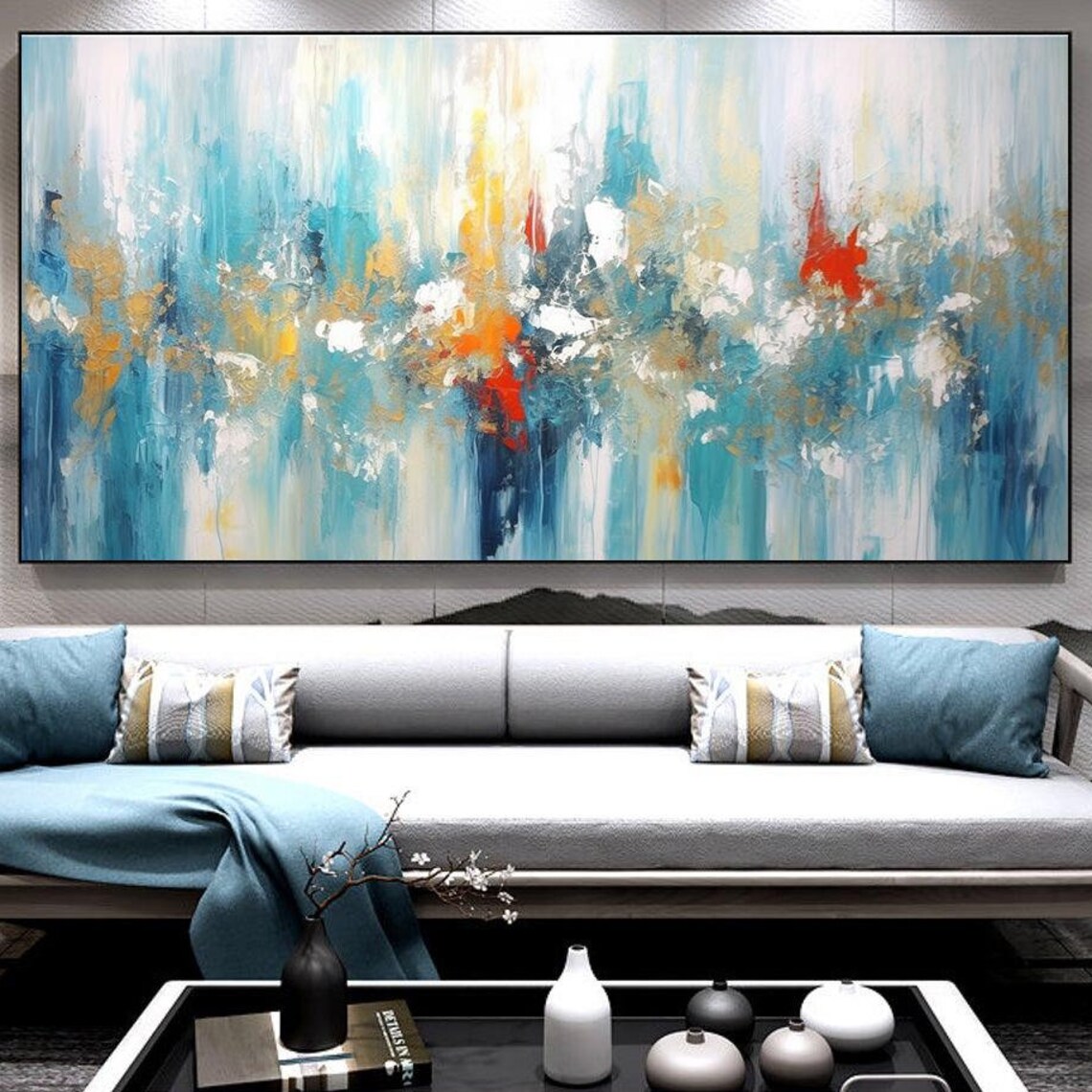 Teal Blue Abstract Painting With Fiery Red and Orange Accents Poster