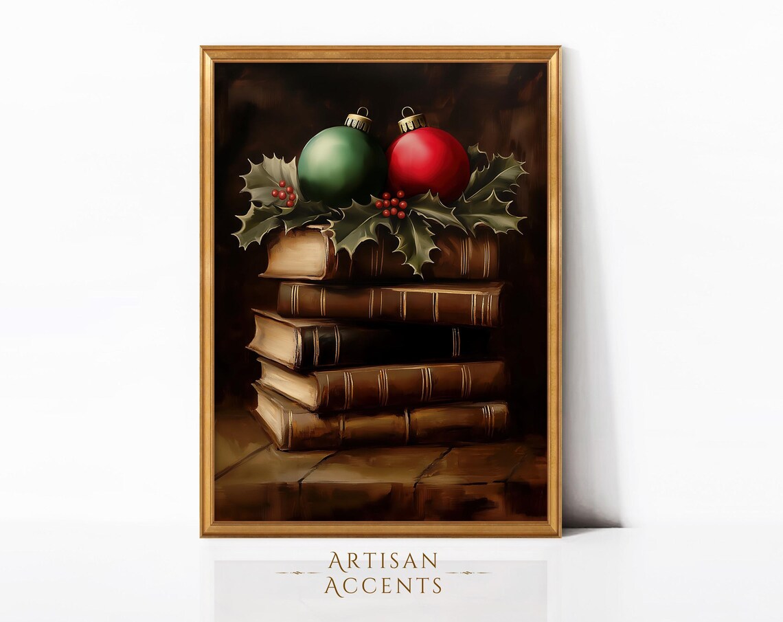 Red And Green Christmas Ornaments On Vintage Books Holiday Art Print