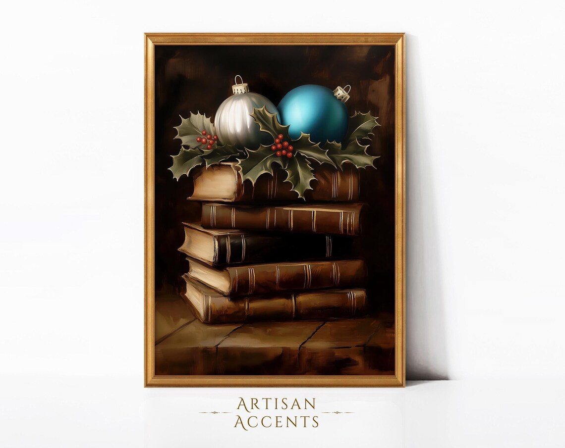 Silver And Blue Christmas Ornaments On Vintage Books Holiday Wall Art