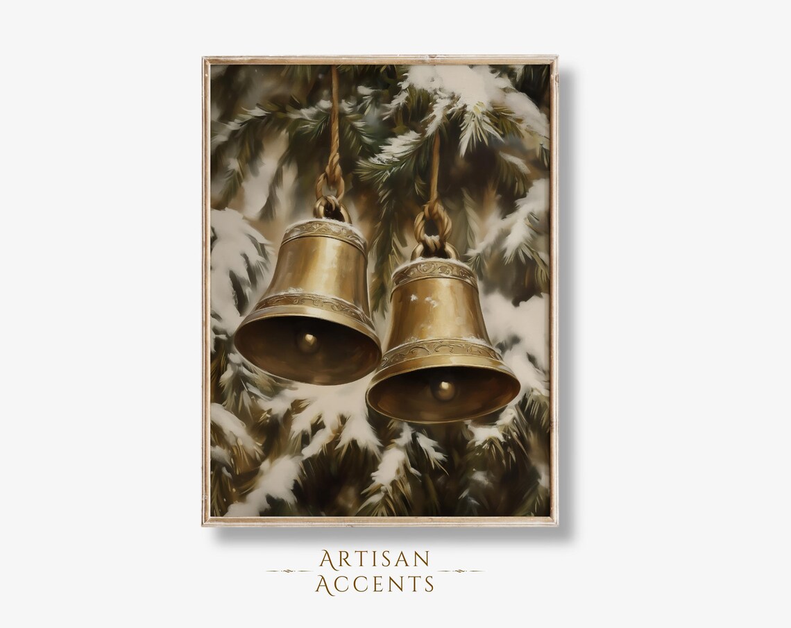 Golden Jingle Bells Hanging On Snowy Pine Christmas Holiday Art Print