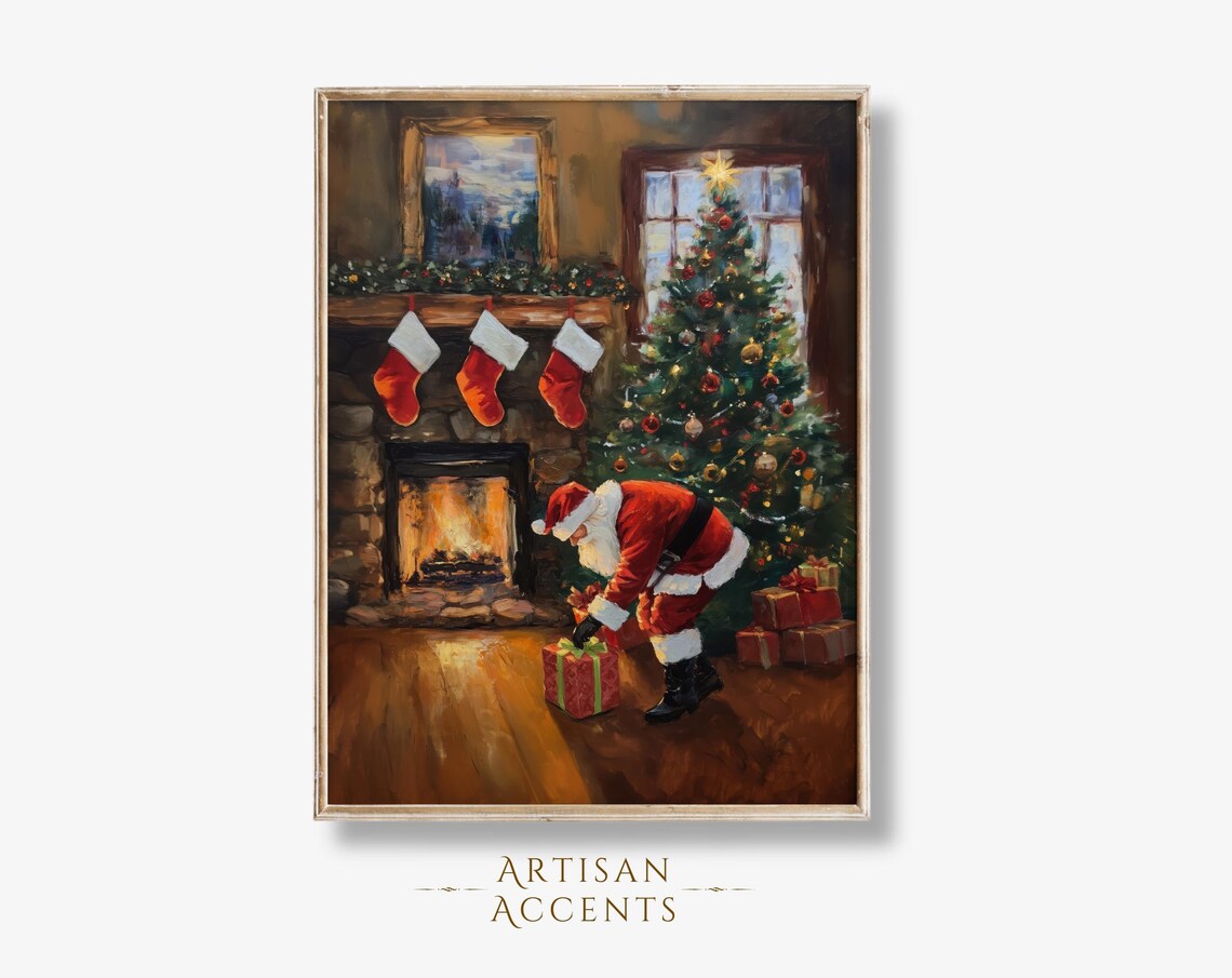 Santa Claus By The Fireplace Christmas Eve Vintage Holiday Art Print