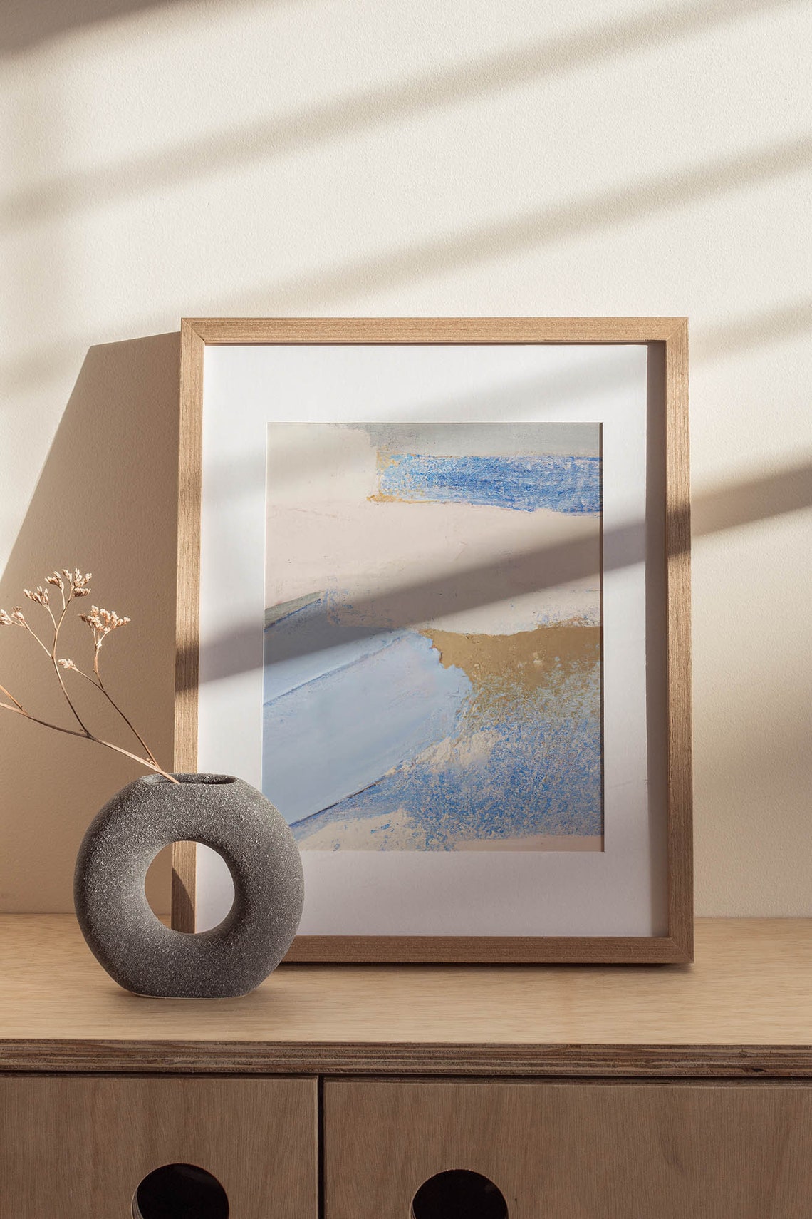 Pastel Blue Blush Gold Abstract Coastal Ocean Painting Wall Art - Image 3