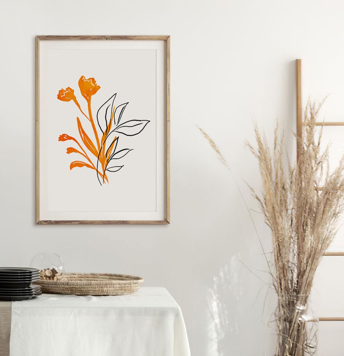 Orange Botanical Line Art Minimalist Flower Sketch Modern Art Poster - Image 2