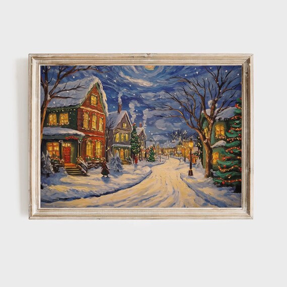 Cozy Christmas Village Snowy Night Street Lights Holiday Art Poster