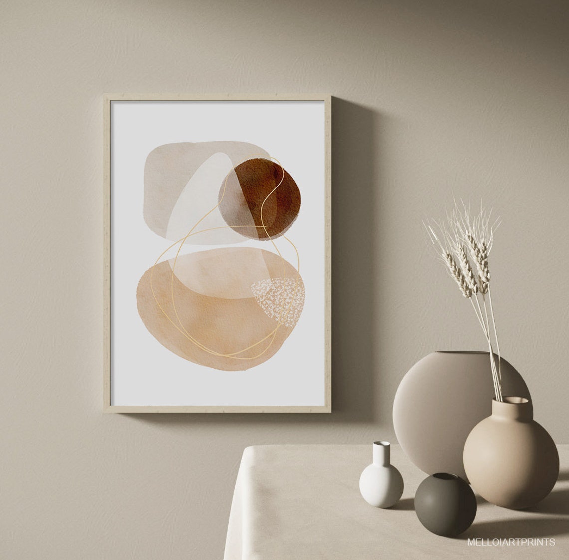 Brown Beige Watercolor Organic Shapes Gold Line Abstract Poster