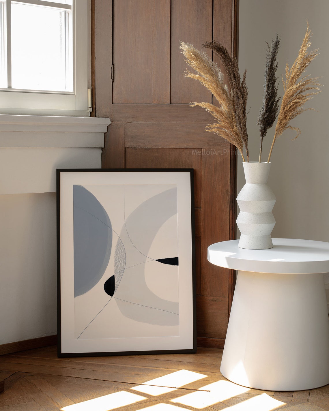 Painterly Blue Gray Abstract Circles Fine Line Modern Art Poster - Image 3