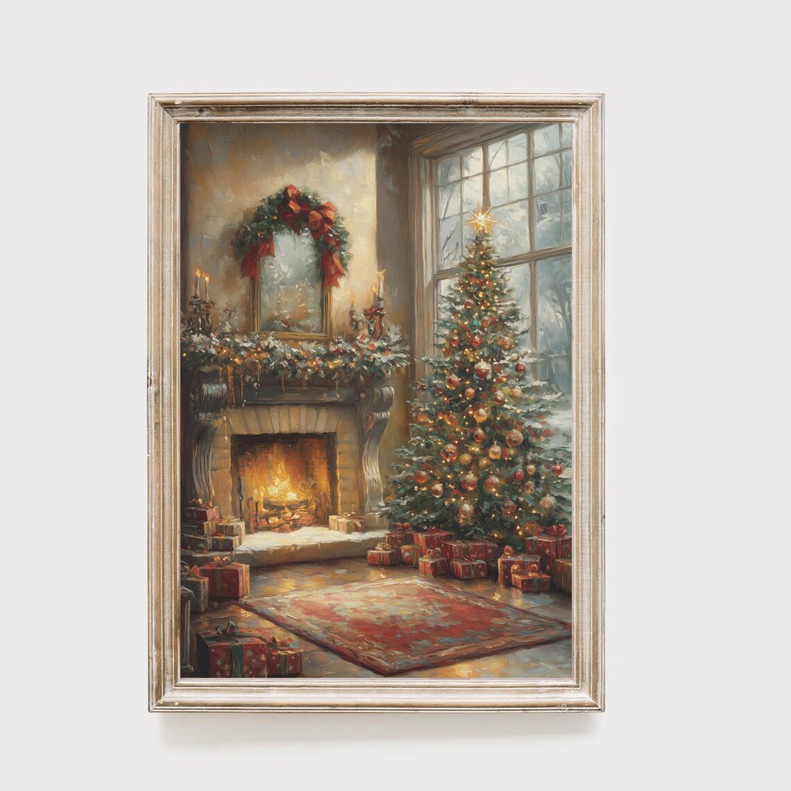 Cozy Christmas Fireplace Oil Painting Tree Gifts Holiday Poster