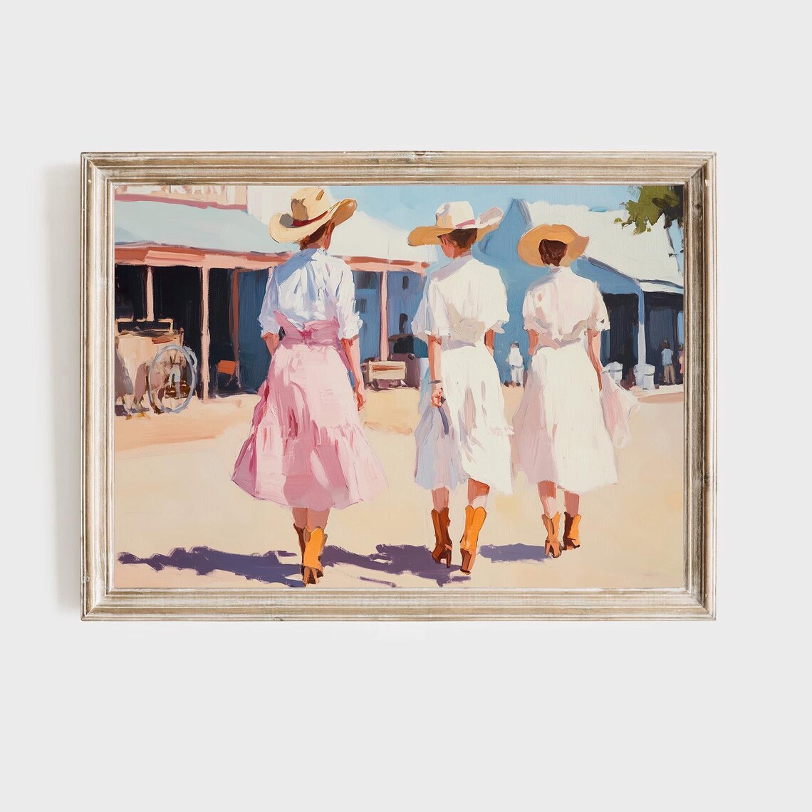 Three Cowgirls Walking Down Western Town Street Oil Painting Poster