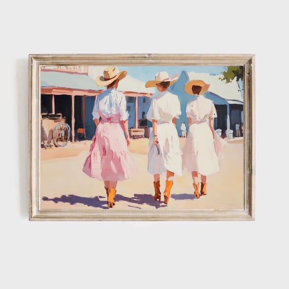 Vintage Cowgirl Art Print Western Wall Decor Pink And White Fashion Art Ranch House Decor Country Western Women Painting
