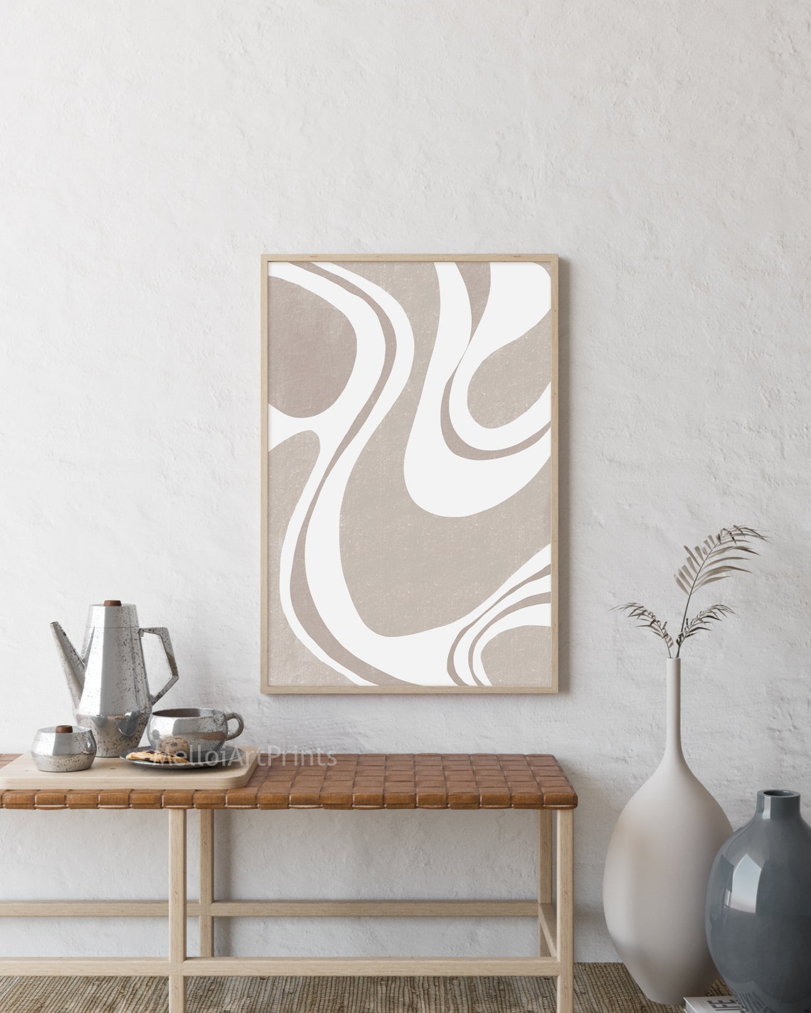 Beige White Wavy Lines Neutral Abstract Swirl Minimalist Wall Poster - Image 3