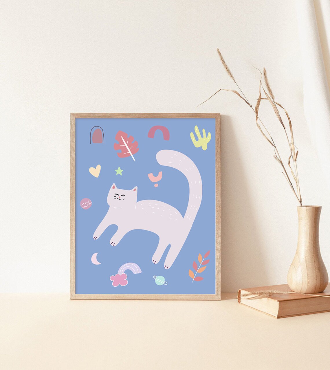 Cute White Cat Kids Room Art Blue Background Playful Nursery Poster - Image 2