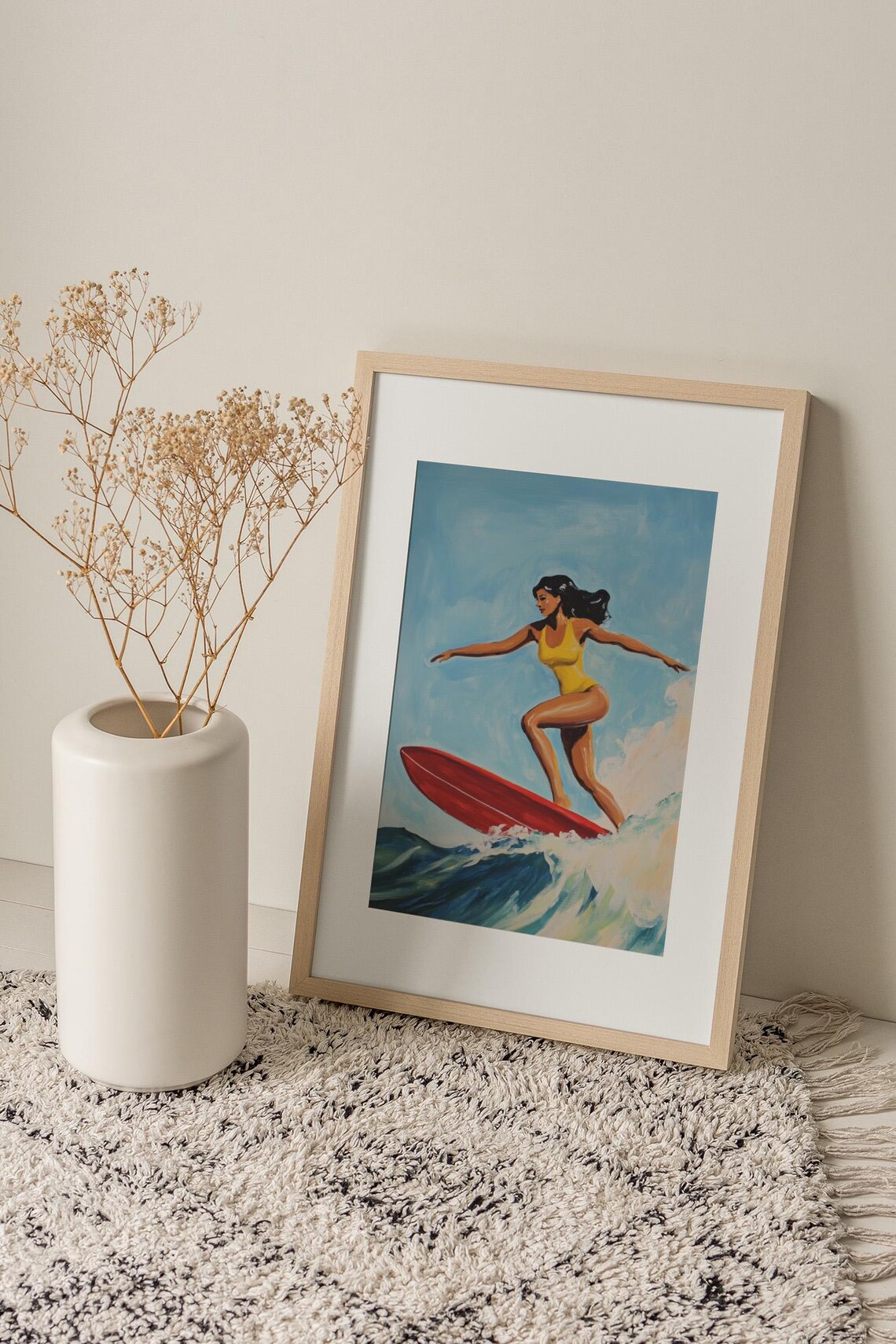Retro Surf Girl Yellow Swimsuit Red Surfboard Vintage Beach Poster - Image 2
