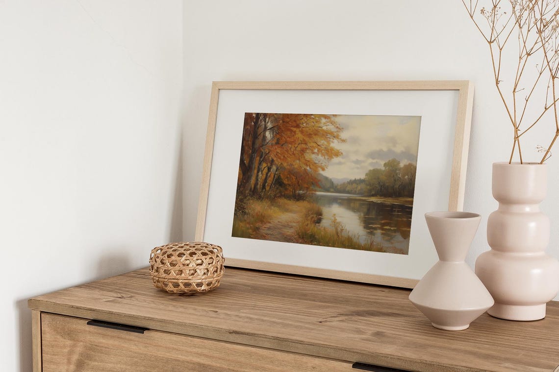 Serene Autumn Lake Path Golden Foliage Forest Landscape Poster - Image 3