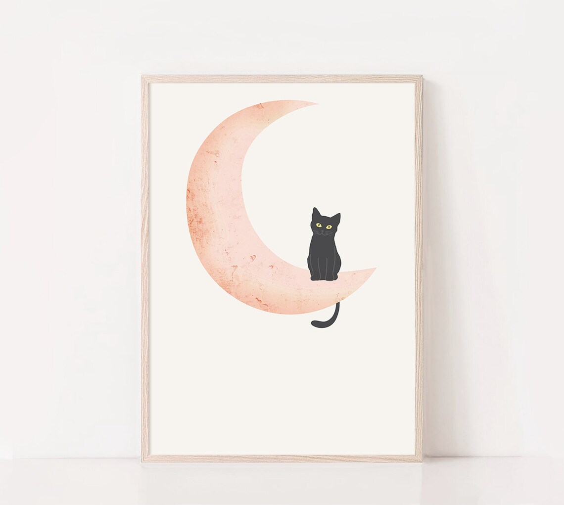 Moon and Cat Neutral Boho Wall Art Print - Image 2