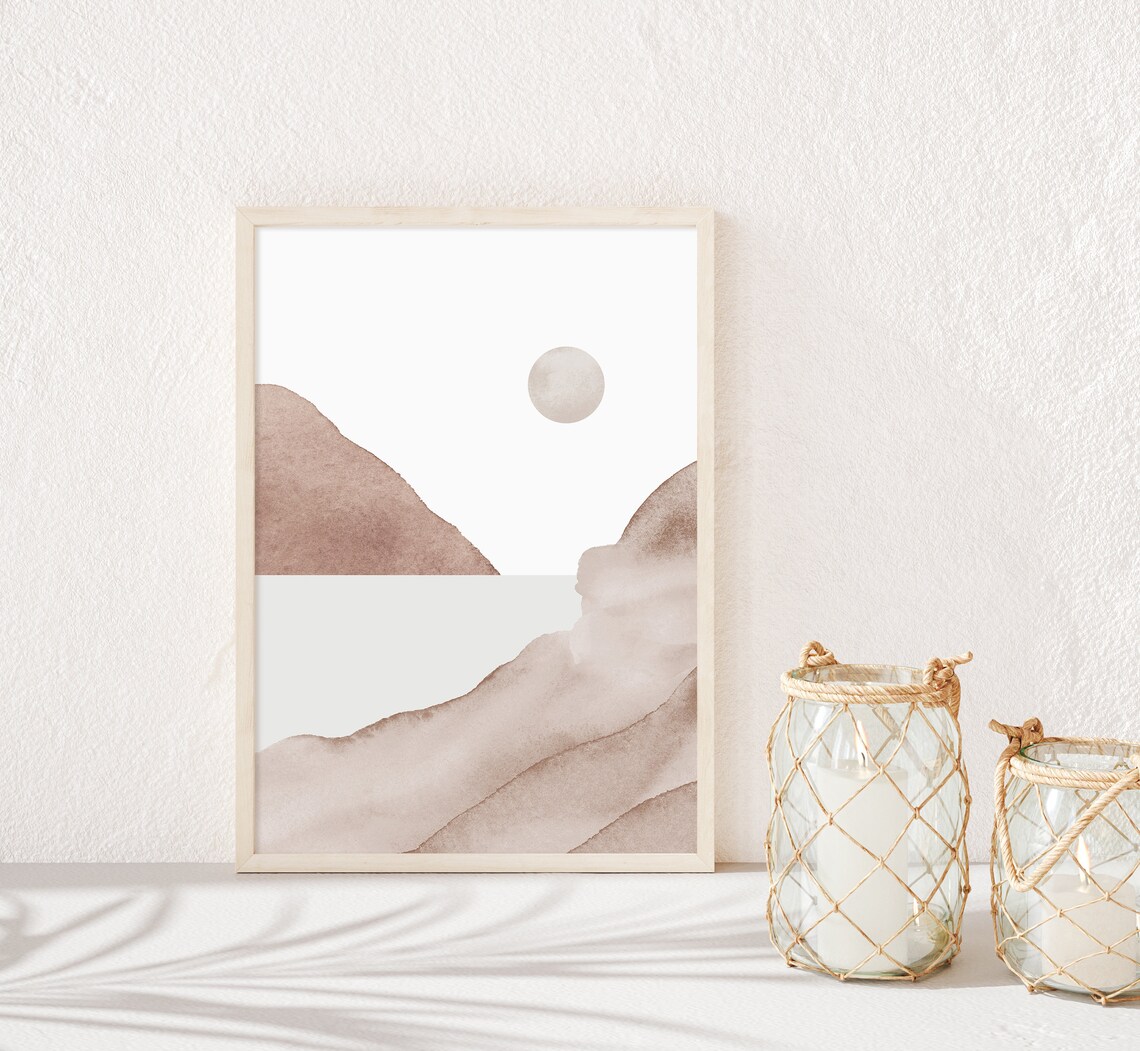 Minimalist Beige Watercolor Landscape with Sun Serene Nature Art Poster - Image 3