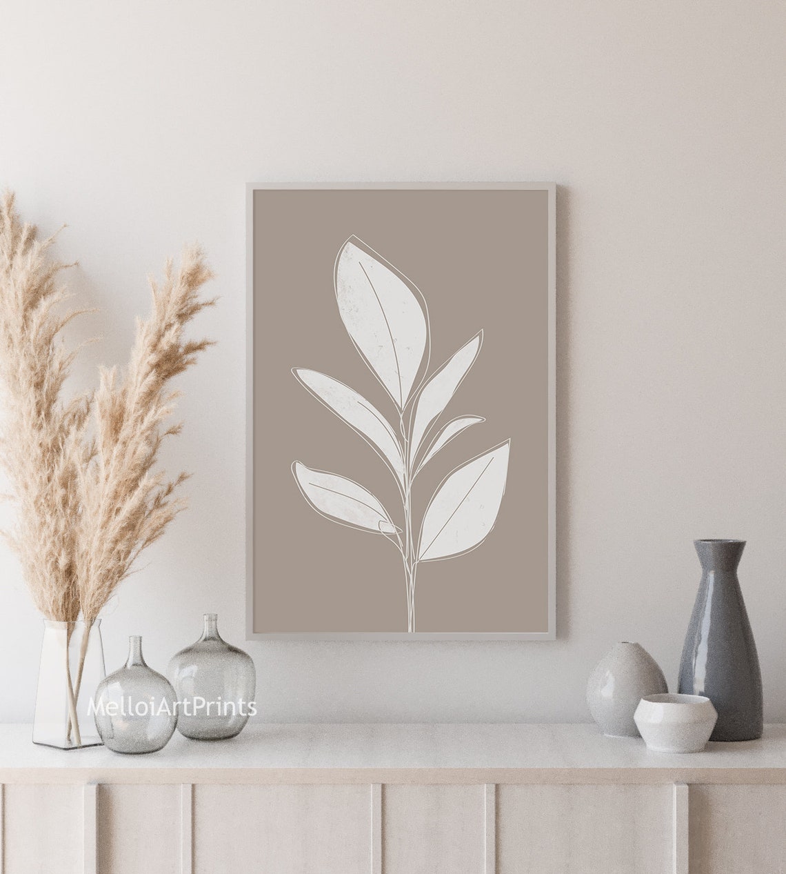 White Botanical Branch Taupe Background Minimal Leaf Wall Print - Image 2