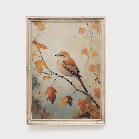 Songbird on an Autumn Branch With Falling Leaves Nature Painting Poster