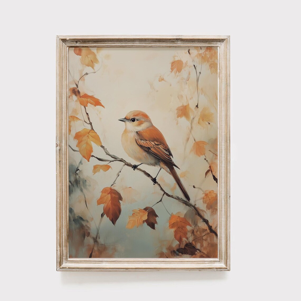 Songbird on an Autumn Branch With Falling Leaves Nature Painting Poster