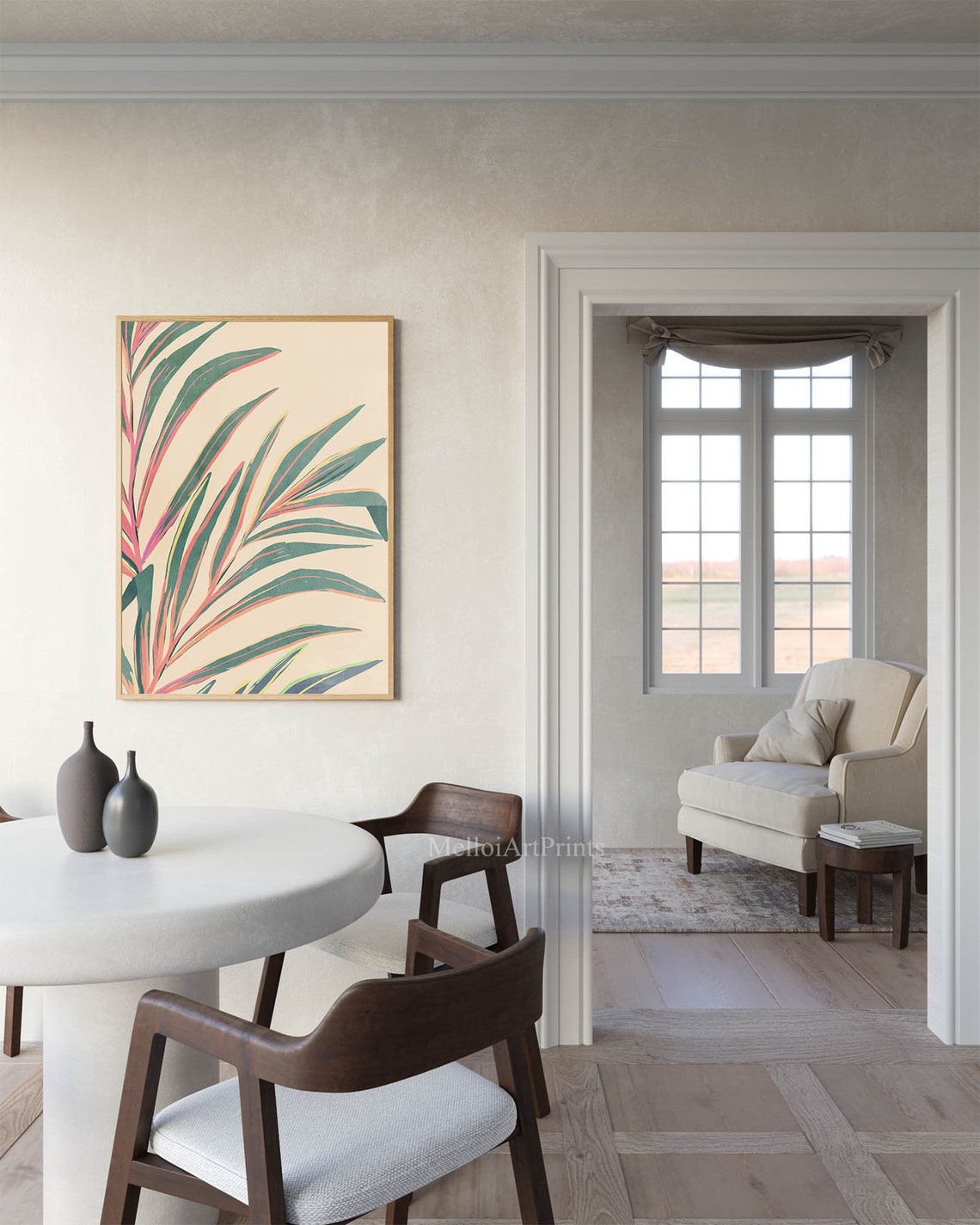 Tropical Palm Leaf Green Pink Peach Botanical Painting Wall Art - Image 3