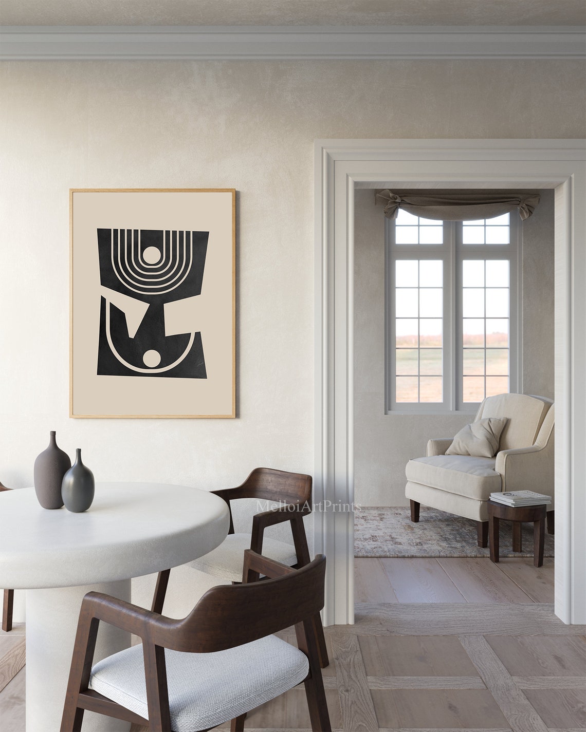 Retro Geometric Abstract Art Black Beige Mid Century Wall Poster - Image 2