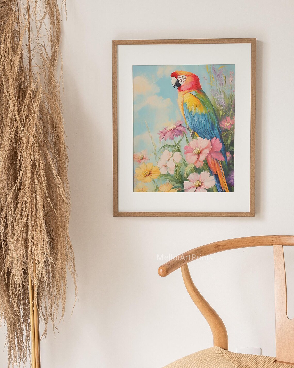 Colorful Scarlet Macaw Parrot Pink Flowers Tropical Painting Poster - Image 3