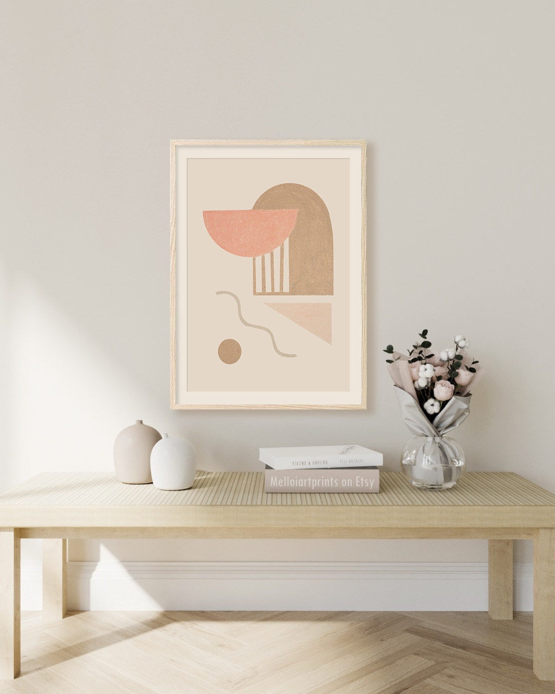 Coral Half Moon with Tan Arch and Wavy Line Playful Abstract Poster - Image 3