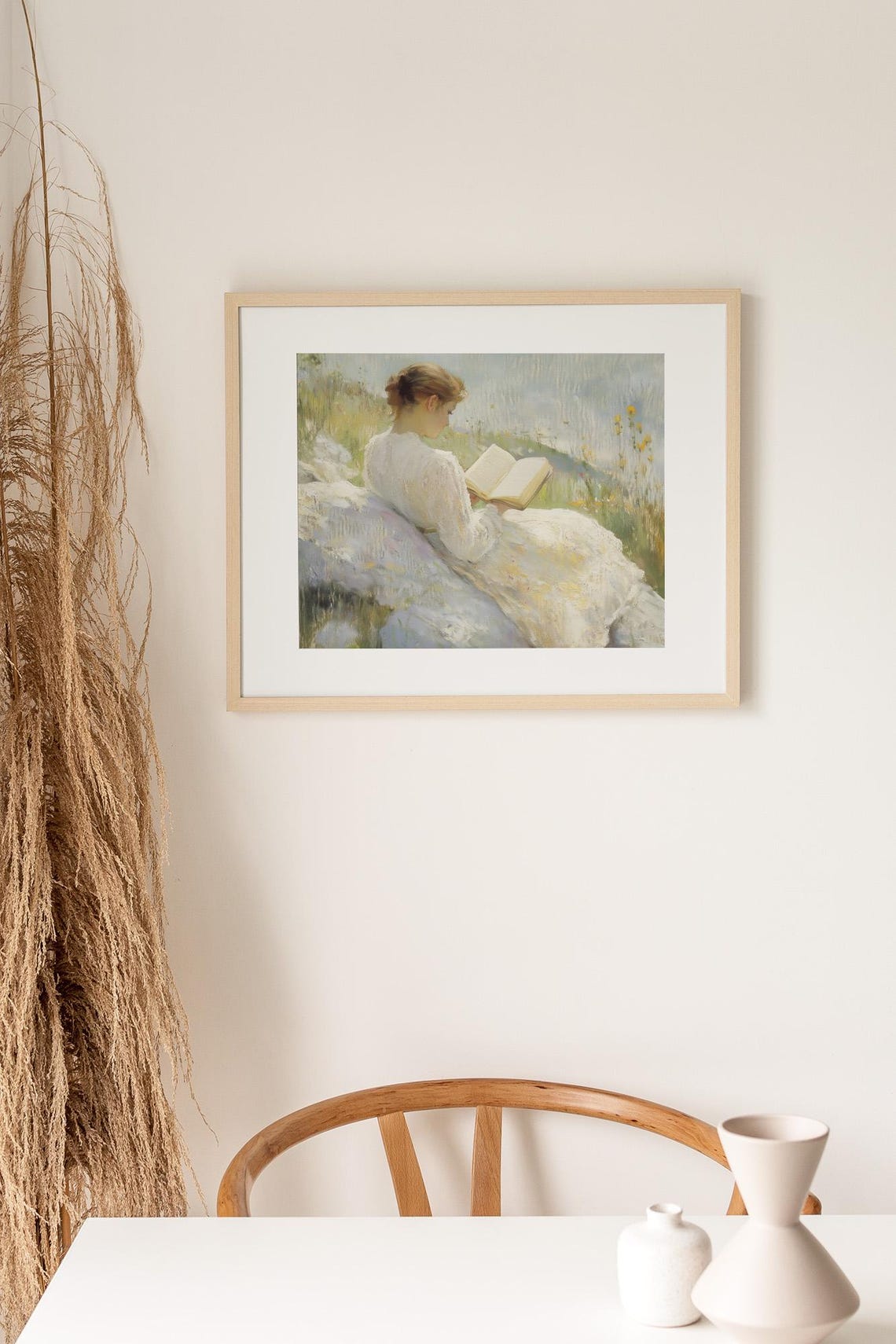Young Woman Reading a Book in a Sunny Wildflower Meadow Art Poster - Image 3