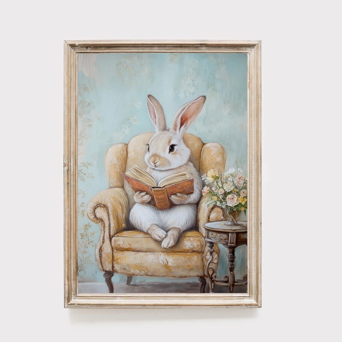 Cute Bunny Reading Book Easter Wall Art Print