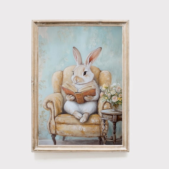 Cute Bunny Reading Book Easter Wall Art Print